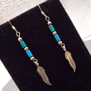 NAVAJO PAWN GREEN & BLUE TURQUOISE TUBES STERLING BEAD & FEATHER EARRINGS D1
